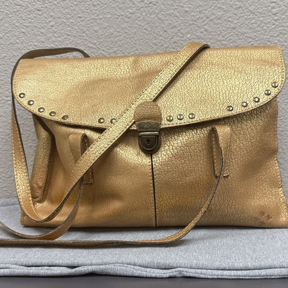 Patricia Nash Metallic Gold Leather Satchel with Stud Detail